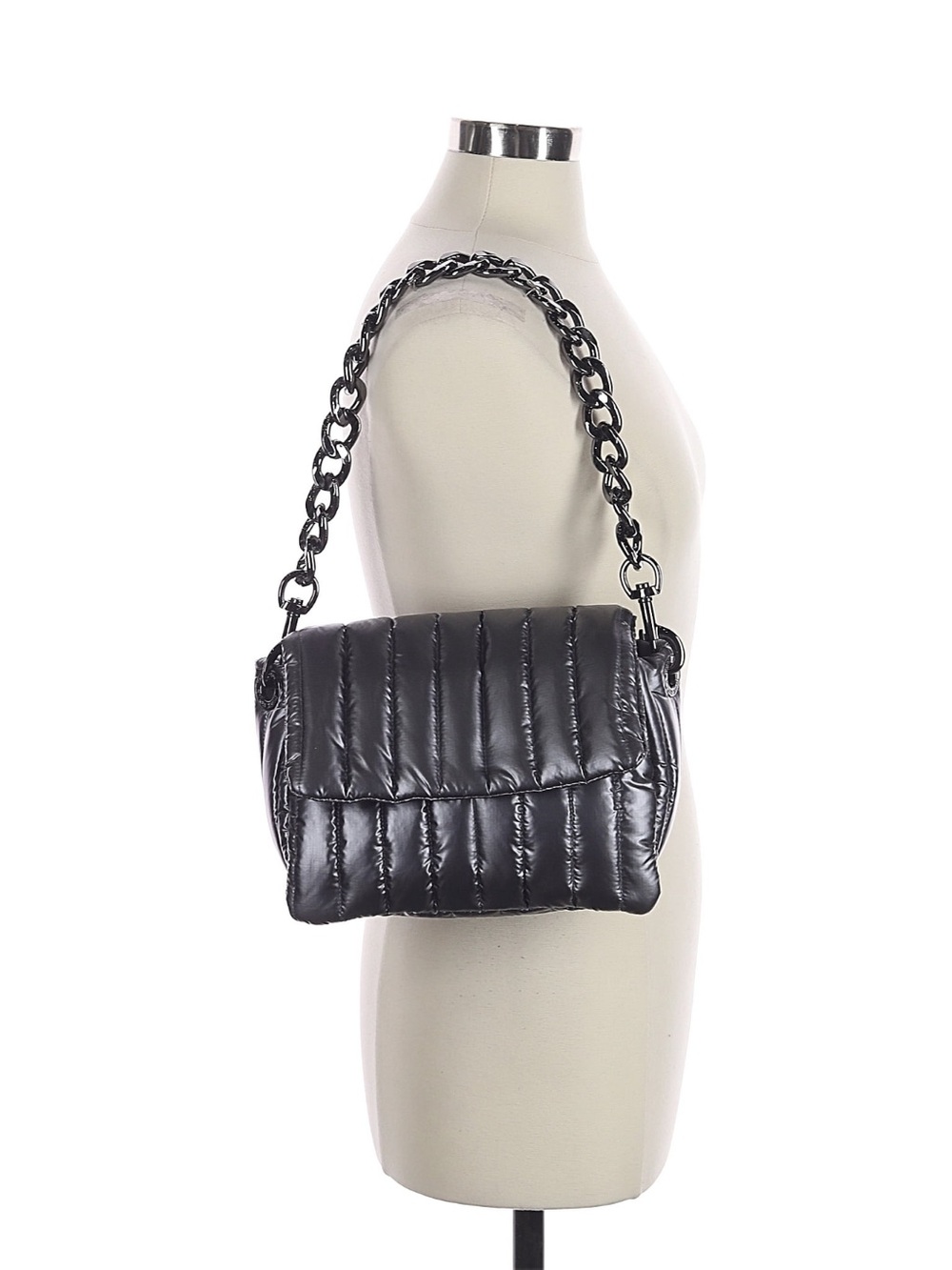 THINK ROYLN Bar Bag Quilted Puffer Shoulder Bag with Chain Strap Metallic Silver